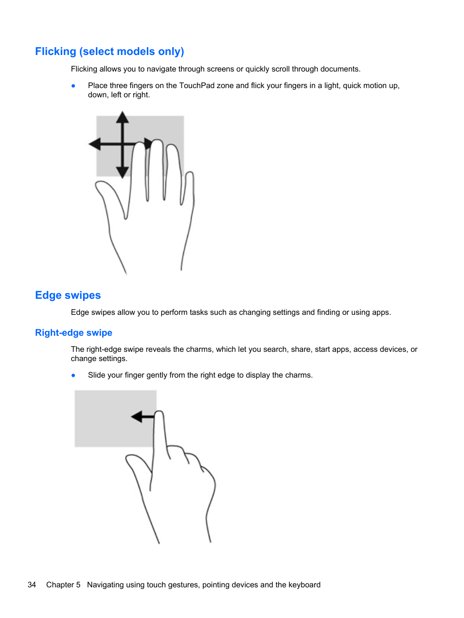 Flicking (select models only), Edge swipes, Right-edge swipe | Flicking (select models only) edge swipes | HP ENVY dv6-7273ca Notebook PC User Manual | Page 44 / 101