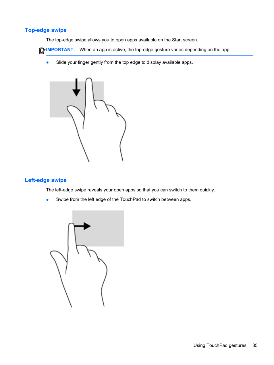 Top-edge swipe, Left-edge swipe, Top-edge swipe left-edge swipe | HP ENVY dv6-7273ca Notebook PC User Manual | Page 45 / 101