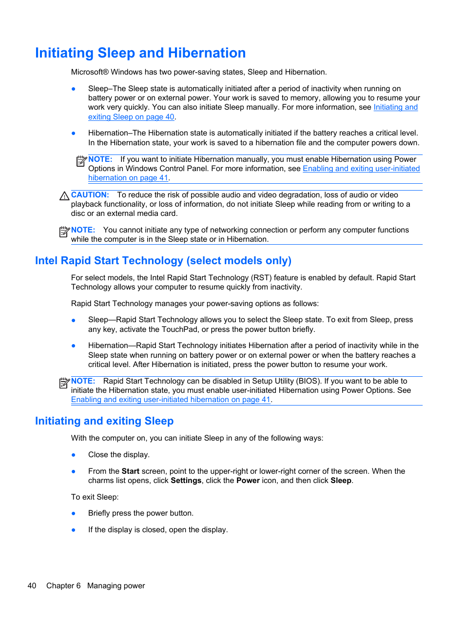 Initiating sleep and hibernation, Intel rapid start technology (select models only), Initiating and exiting sleep | Initiating sleep and | HP ENVY dv6-7273ca Notebook PC User Manual | Page 50 / 101