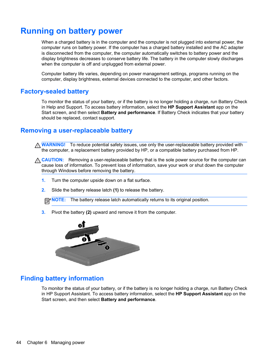 Running on battery power, Factory-sealed battery, Removing a user-replaceable battery | Finding battery information | HP ENVY dv6-7273ca Notebook PC User Manual | Page 54 / 101