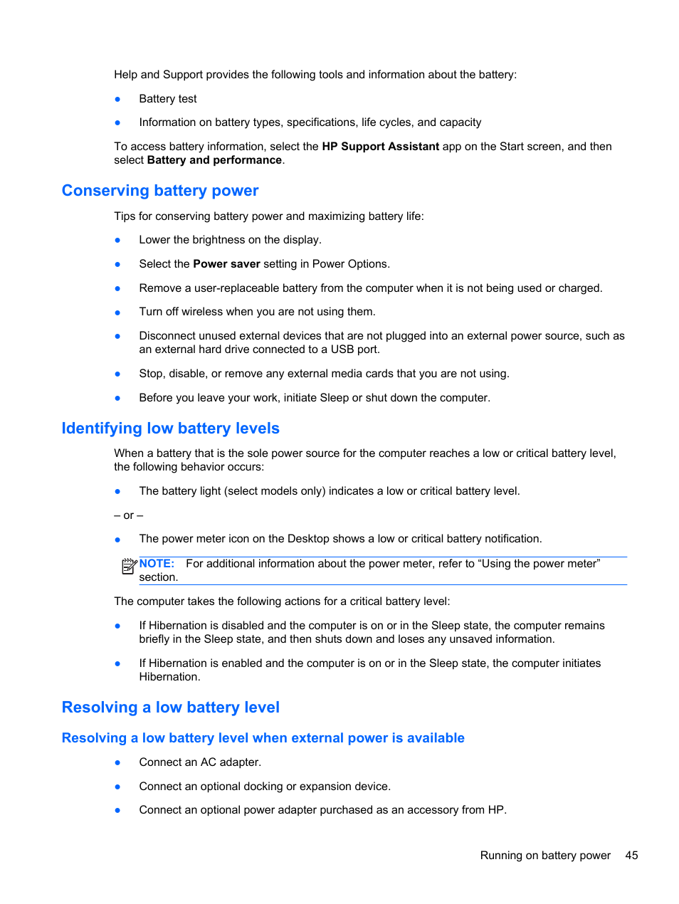 Conserving battery power, Identifying low battery levels, Resolving a low battery level | HP ENVY dv6-7273ca Notebook PC User Manual | Page 55 / 101