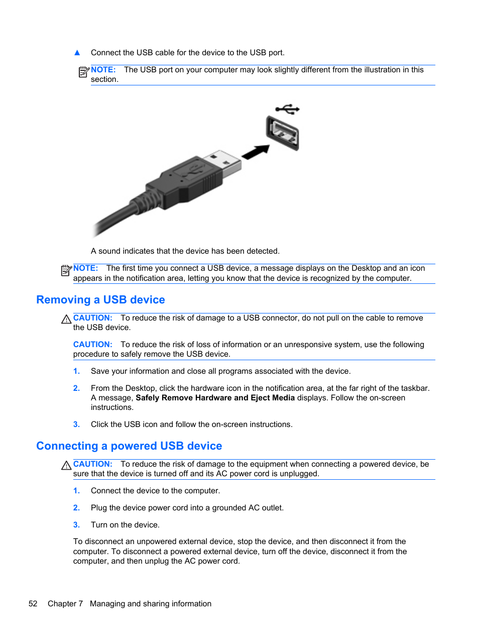 Removing a usb device, Connecting a powered usb device | HP ENVY dv6-7273ca Notebook PC User Manual | Page 62 / 101