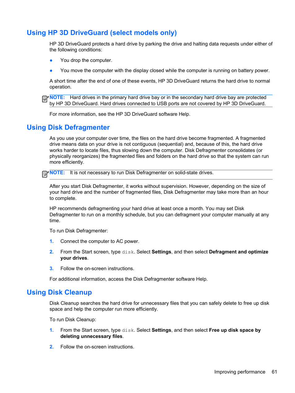 Using hp 3d driveguard (select models only), Using disk defragmenter, Using disk cleanup | HP ENVY dv6-7273ca Notebook PC User Manual | Page 71 / 101