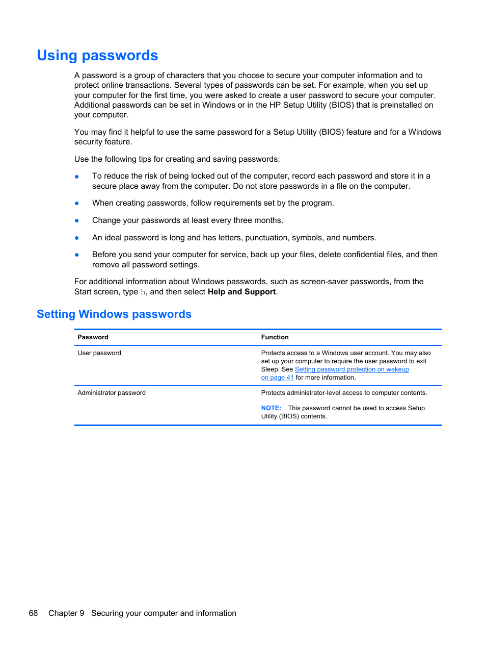 Using passwords, Setting windows passwords | HP ENVY dv6-7273ca Notebook PC User Manual | Page 78 / 101