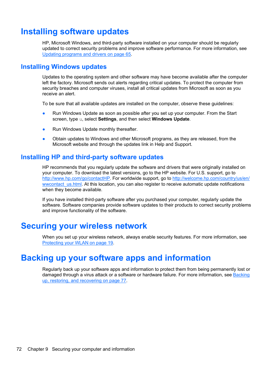 Installing software updates, Installing windows updates, Installing hp and third-party software updates | Securing your wireless network, Backing up your software apps and information | HP ENVY dv6-7273ca Notebook PC User Manual | Page 82 / 101