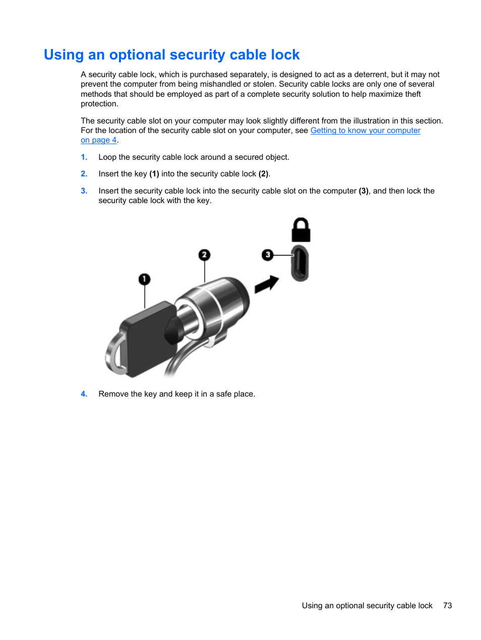 Using an optional security cable lock | HP ENVY dv6-7273ca Notebook PC User Manual | Page 83 / 101
