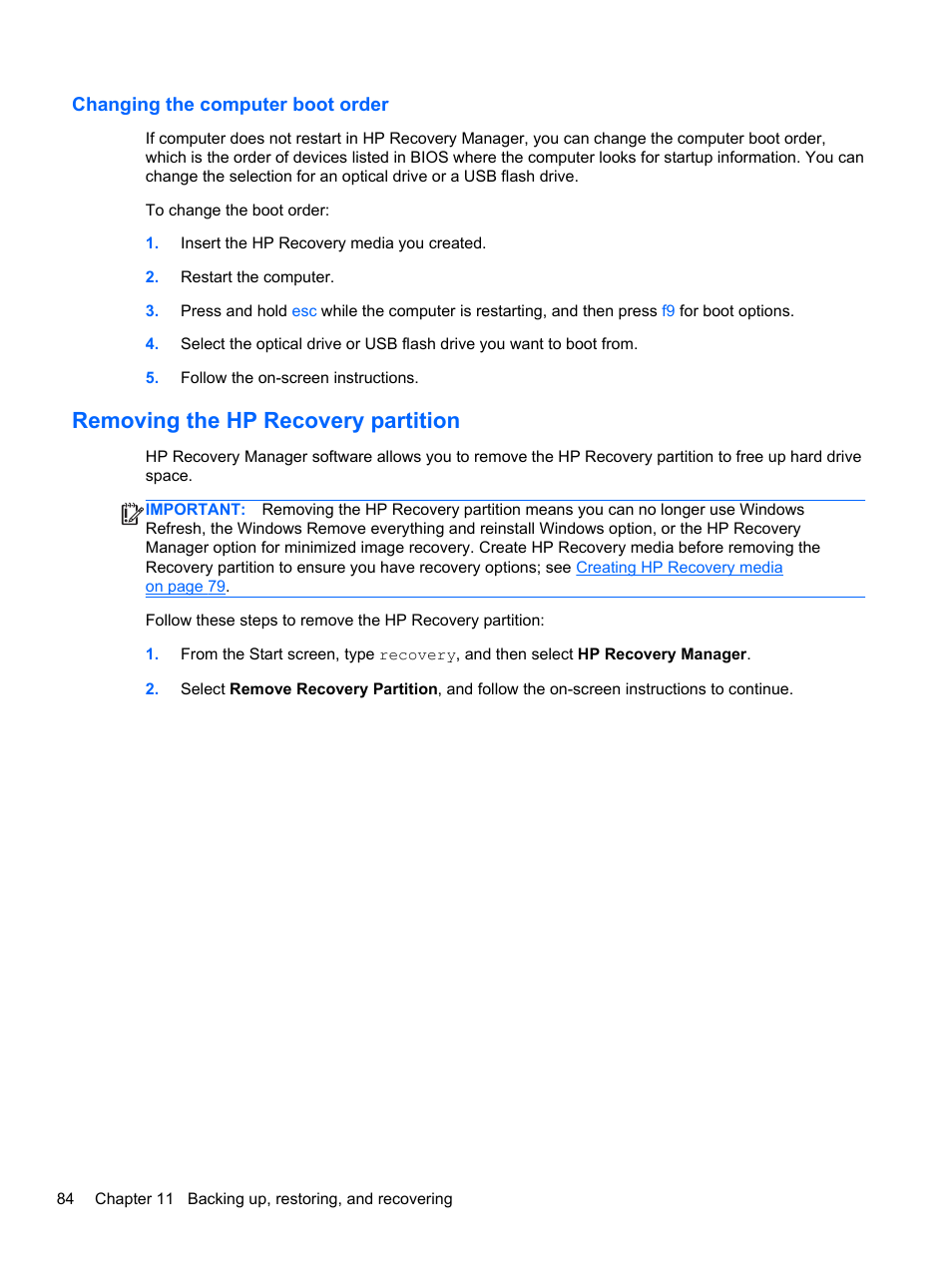 Changing the computer boot order, Removing the hp recovery partition | HP ENVY dv6-7273ca Notebook PC User Manual | Page 94 / 101