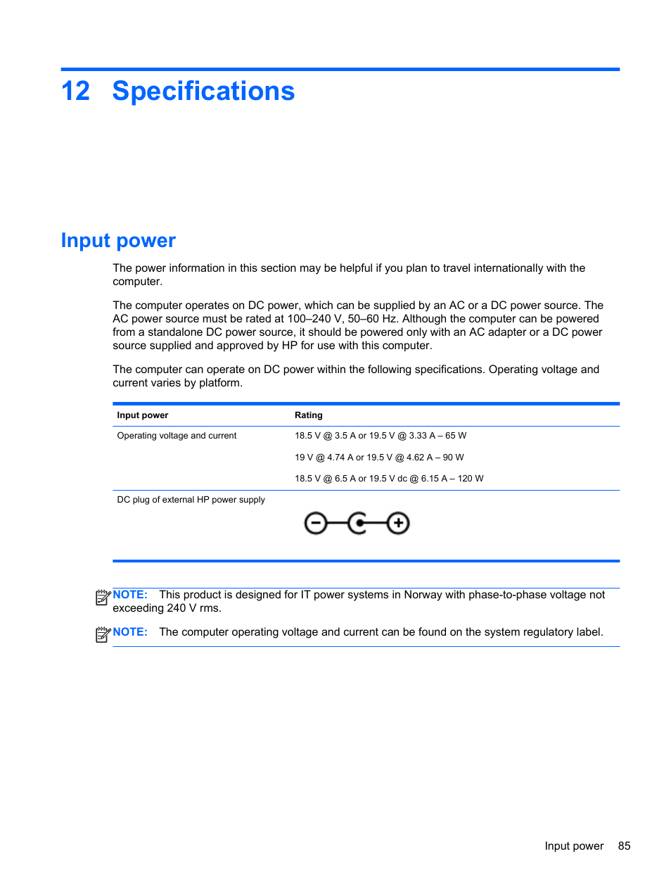 Specifications, Input power, 12 specifications | HP ENVY dv6-7273ca Notebook PC User Manual | Page 95 / 101