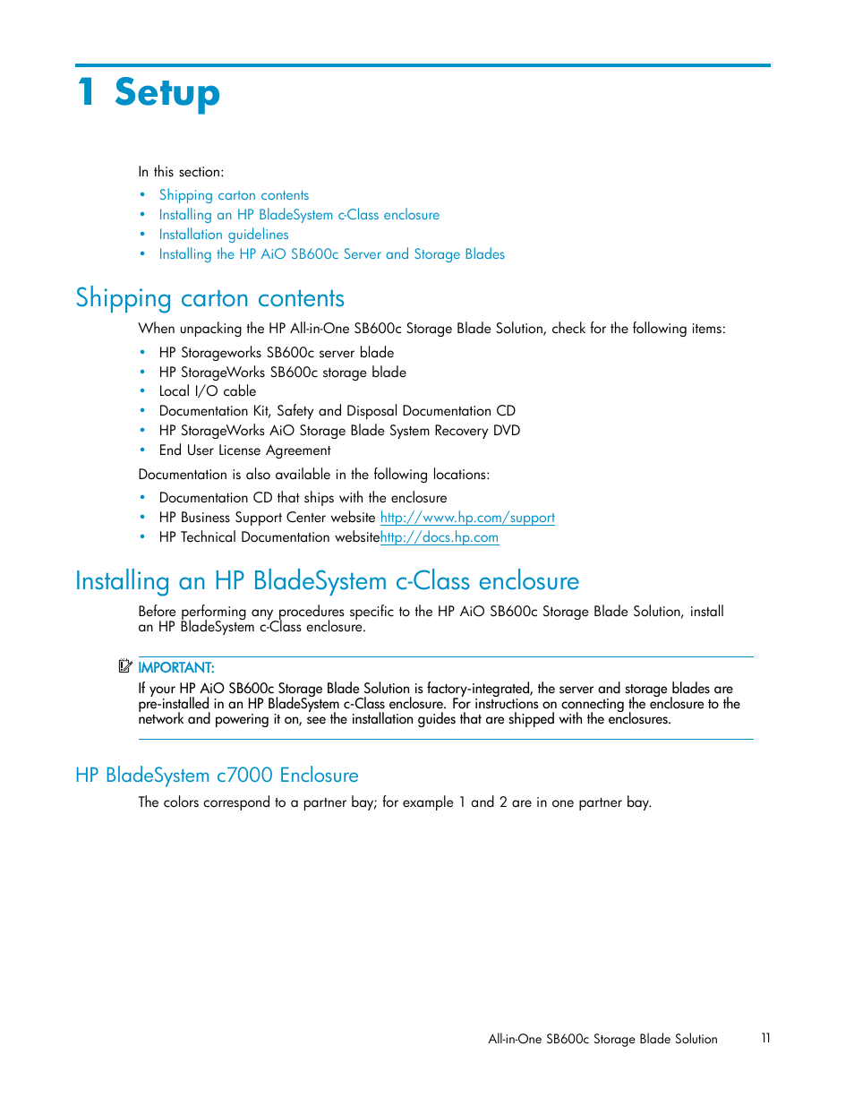 1 setup, Shipping carton contents, Installing an hp bladesystem c-class enclosure | Hp bladesystem c7000 enclosure | HP StorageWorks All-in-One SB600c Storage Blade User Manual | Page 11 / 60