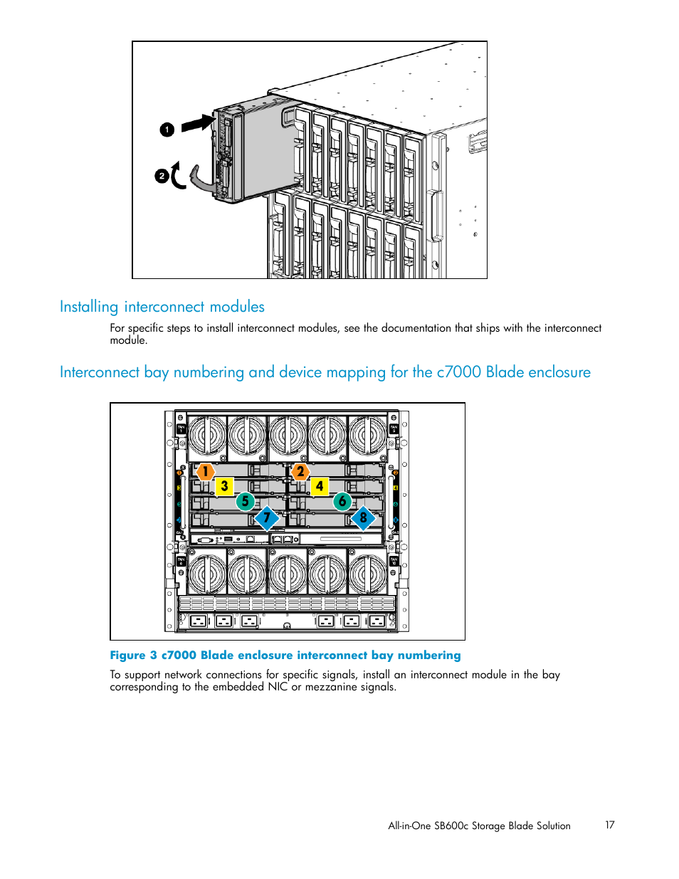 Installing interconnect modules, C7000 blade enclosure interconnect bay numbering | HP StorageWorks All-in-One SB600c Storage Blade User Manual | Page 17 / 60