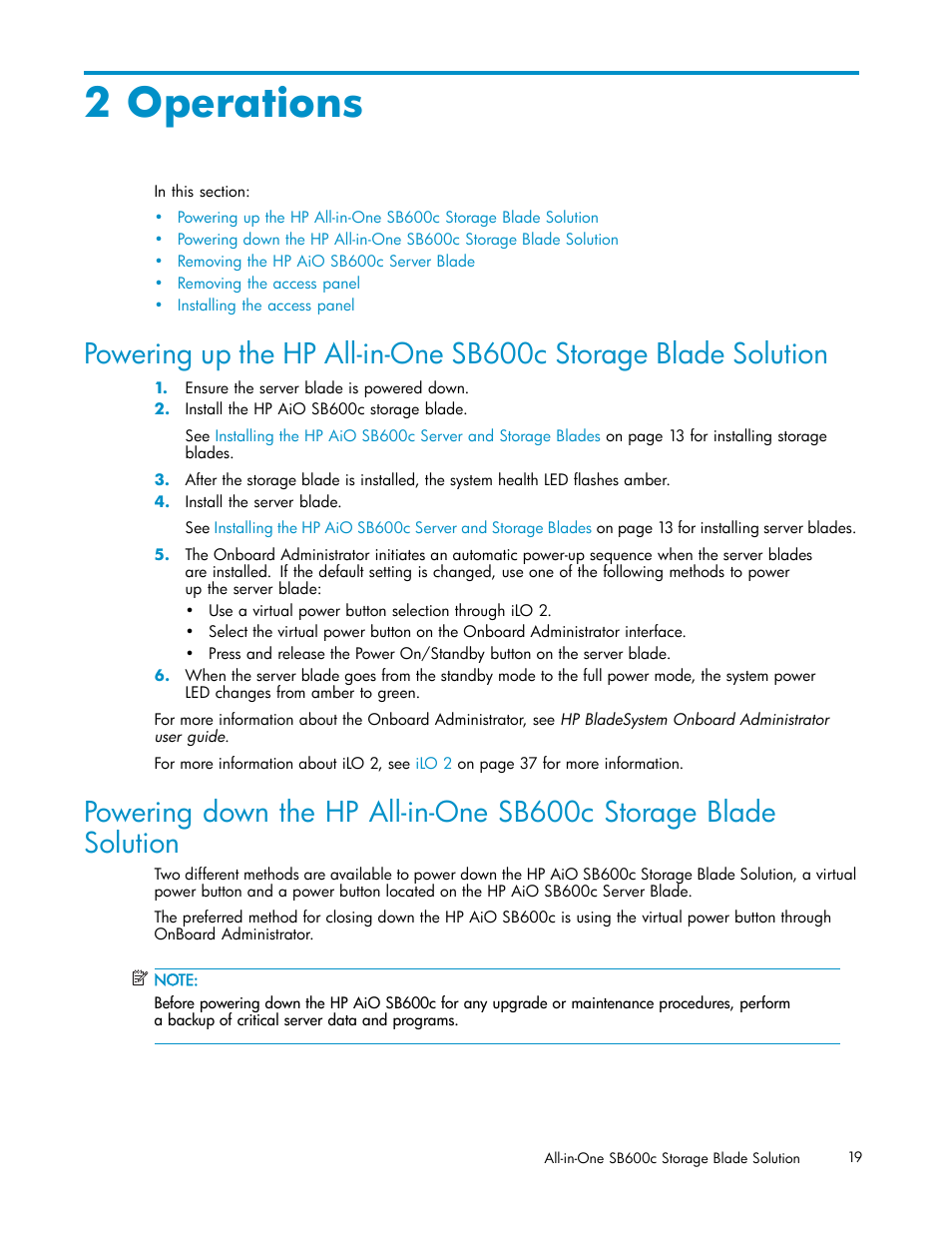 2 operations | HP StorageWorks All-in-One SB600c Storage Blade User Manual | Page 19 / 60