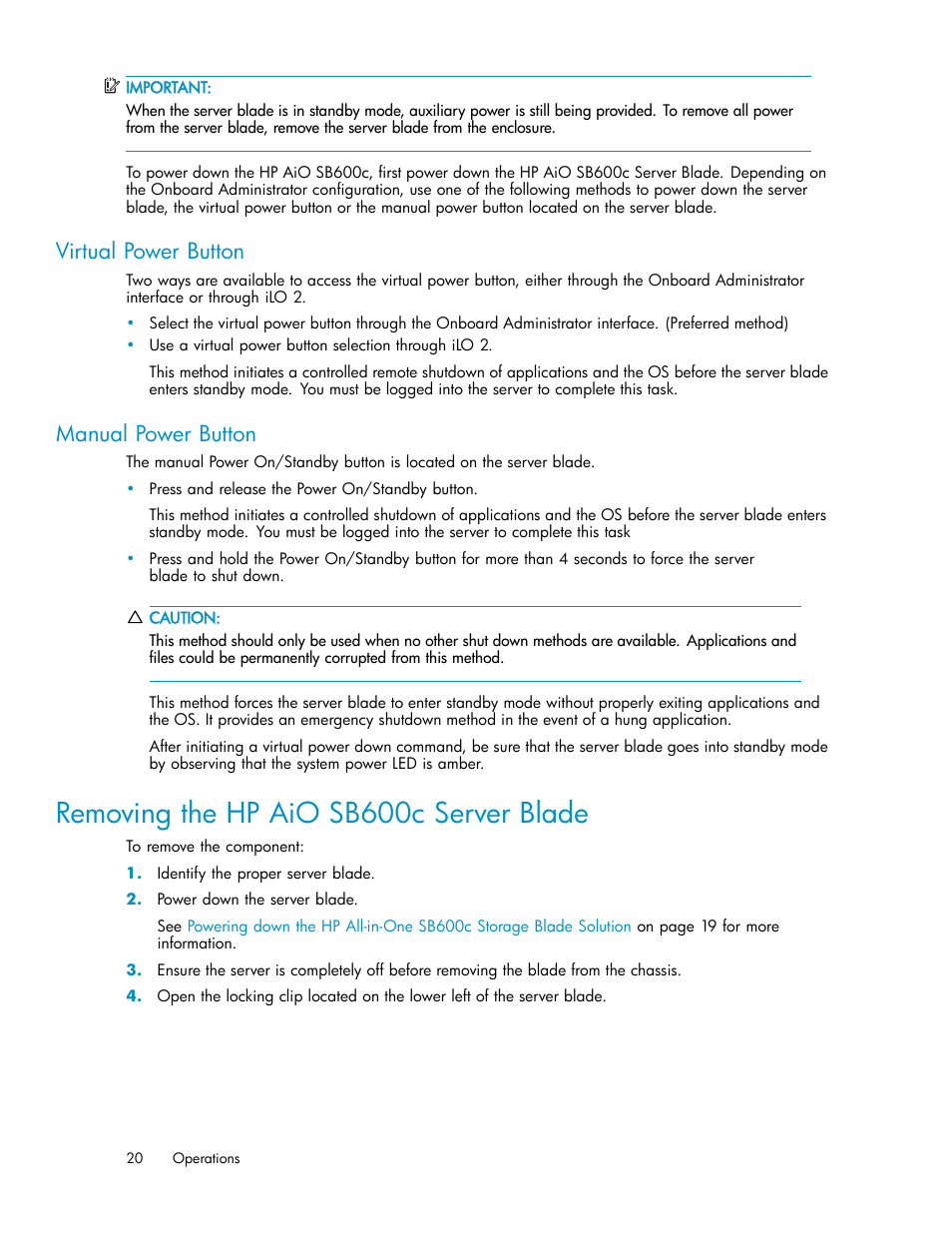 Removing the hp aio sb600c server blade, Virtual power button, Manual power button | HP StorageWorks All-in-One SB600c Storage Blade User Manual | Page 20 / 60