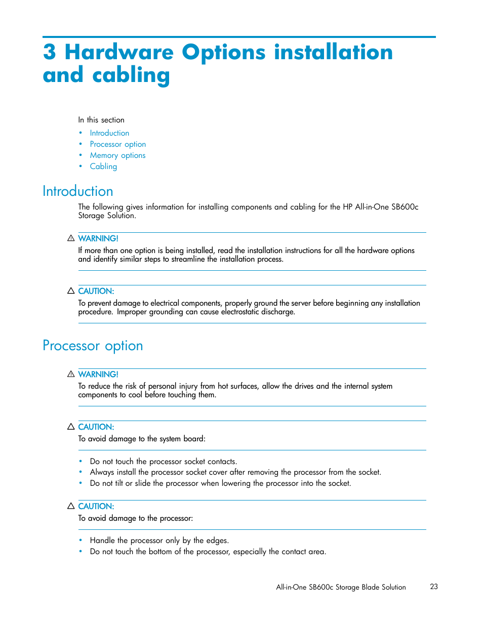 3 hardware options installationand cabling, Introduction, Processor option | 3 hardware options installation and cabling | HP StorageWorks All-in-One SB600c Storage Blade User Manual | Page 23 / 60