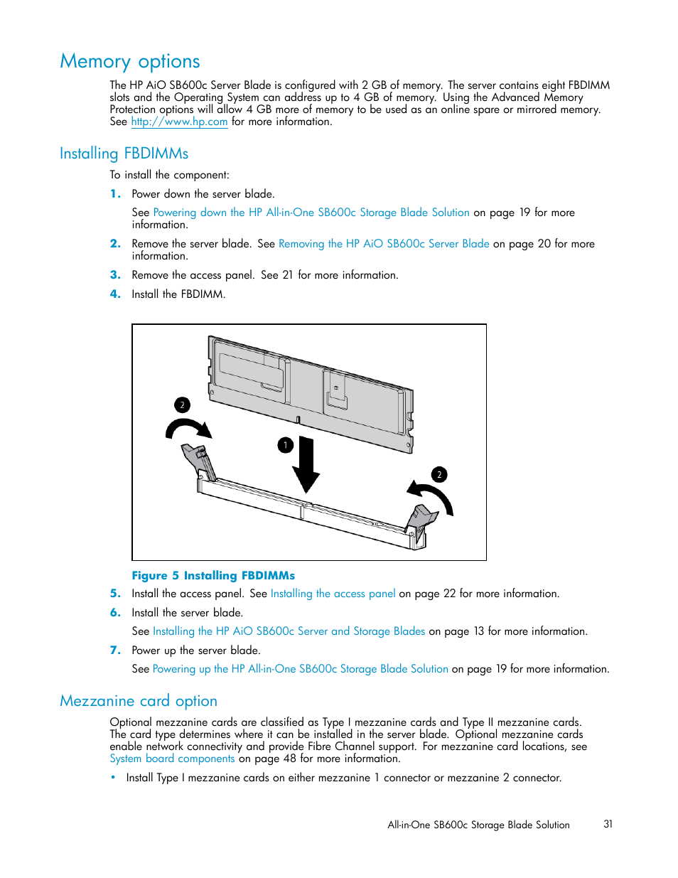 Memory options, Installing fbdimms, Mezzanine card option | Memory, Options | HP StorageWorks All-in-One SB600c Storage Blade User Manual | Page 31 / 60