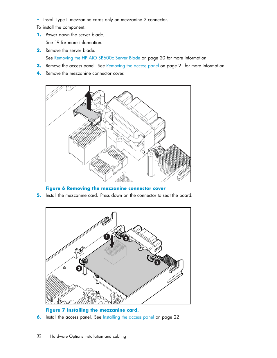 Removing the mezzanine connector cover, Installing the mezzanine card | HP StorageWorks All-in-One SB600c Storage Blade User Manual | Page 32 / 60