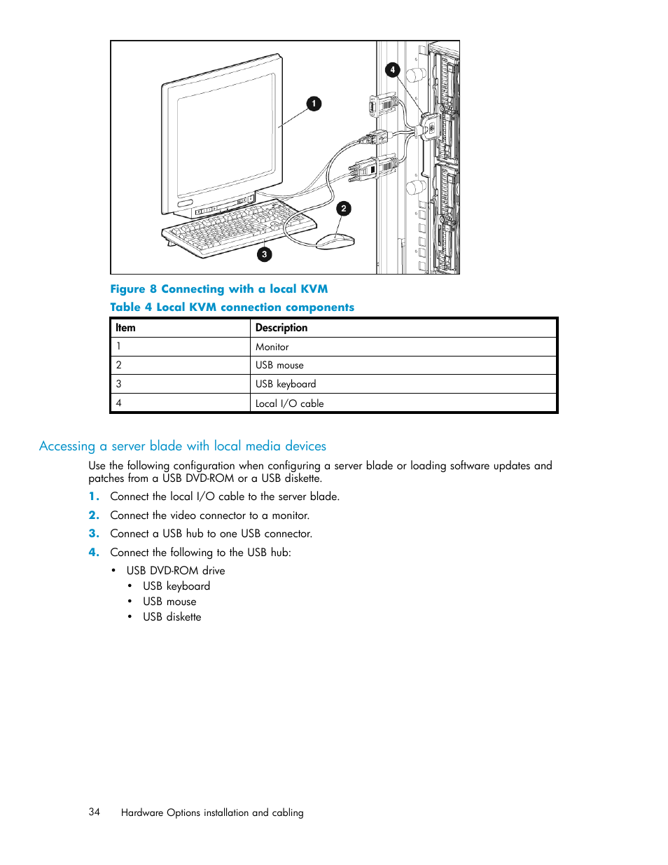 Accessing a server blade with local media devices, Connecting with a local kvm, Local kvm connection components | HP StorageWorks All-in-One SB600c Storage Blade User Manual | Page 34 / 60