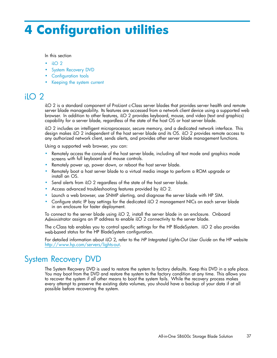 4 configuration utilities, Ilo 2, System recovery dvd | HP StorageWorks All-in-One SB600c Storage Blade User Manual | Page 37 / 60