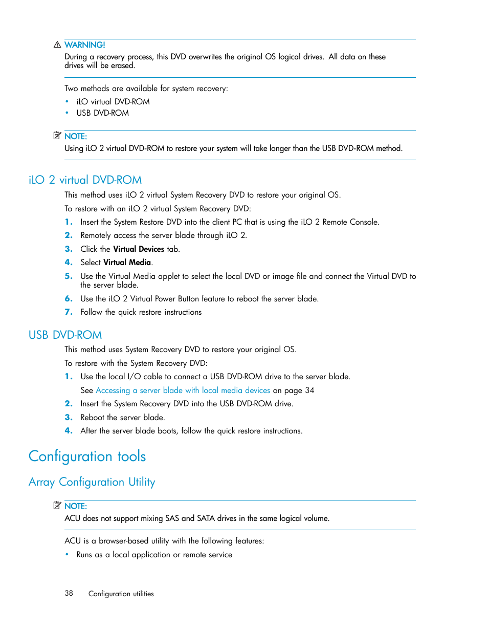 Configuration tools, Ilo 2 virtual dvd-rom, Usb dvd-rom | Array configuration utility | HP StorageWorks All-in-One SB600c Storage Blade User Manual | Page 38 / 60