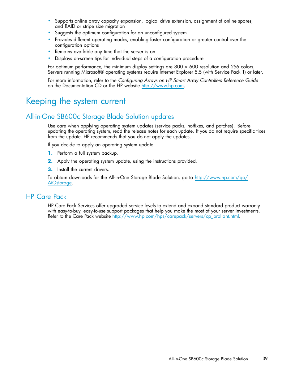 Keeping the system current, All-in-one sb600c storage blade solution updates, Hp care pack | HP StorageWorks All-in-One SB600c Storage Blade User Manual | Page 39 / 60