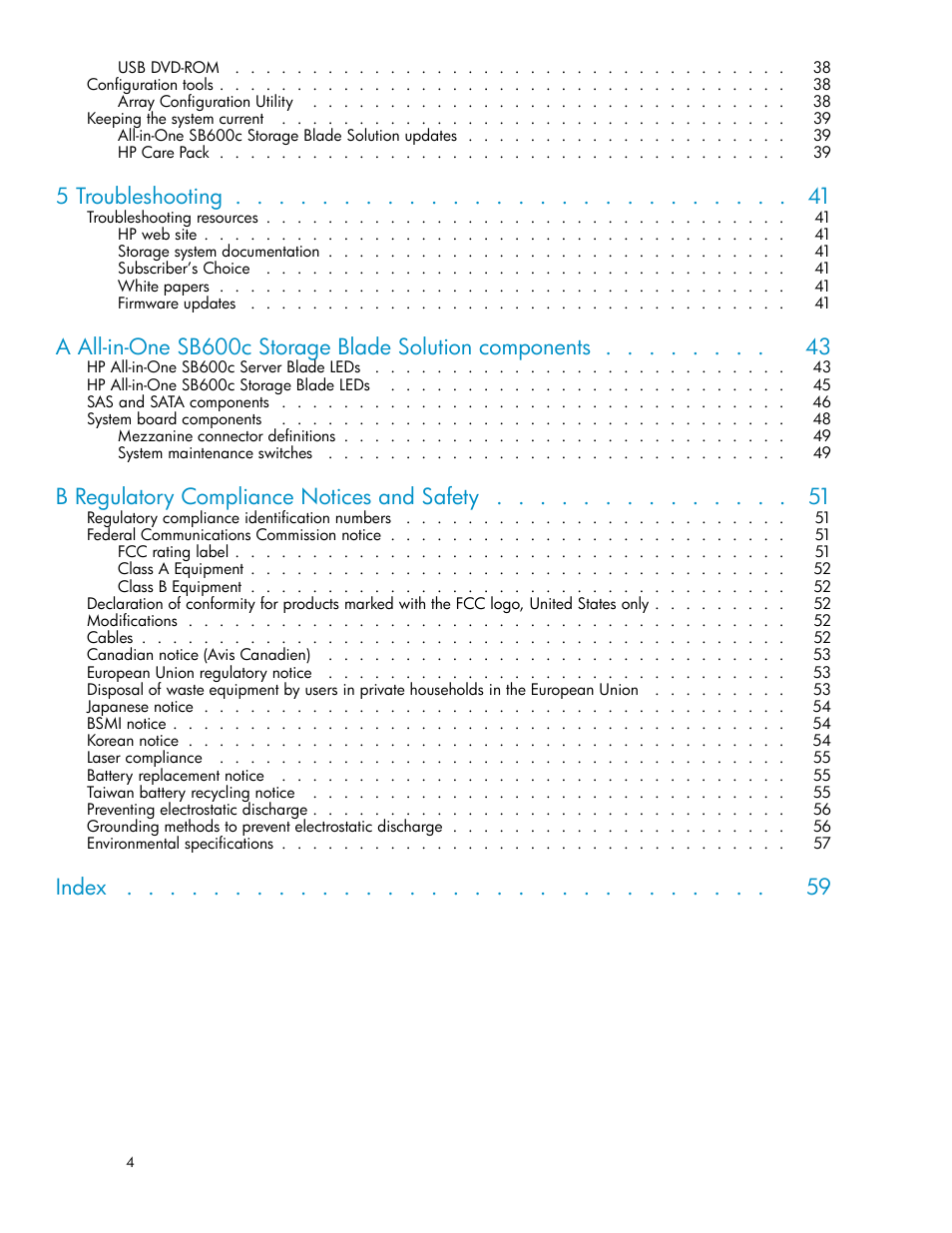 5 troubleshooting, B regulatory compliance notices and safety, Index | HP StorageWorks All-in-One SB600c Storage Blade User Manual | Page 4 / 60