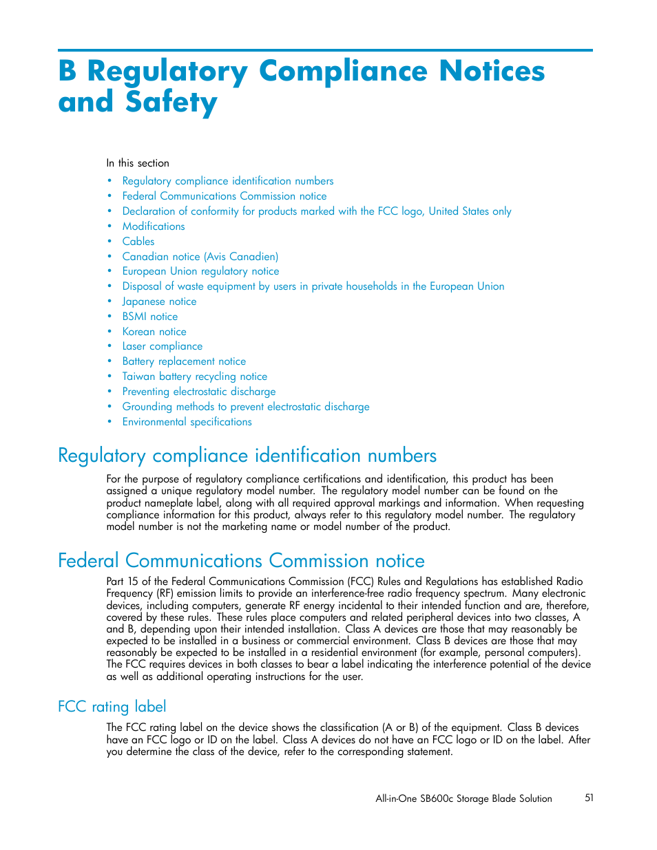B regulatory compliance noticesand safety, B regulatory compliance notices and safety, Regulatory compliance identification numbers | Federal communications commission notice, Fcc rating label | HP StorageWorks All-in-One SB600c Storage Blade User Manual | Page 51 / 60