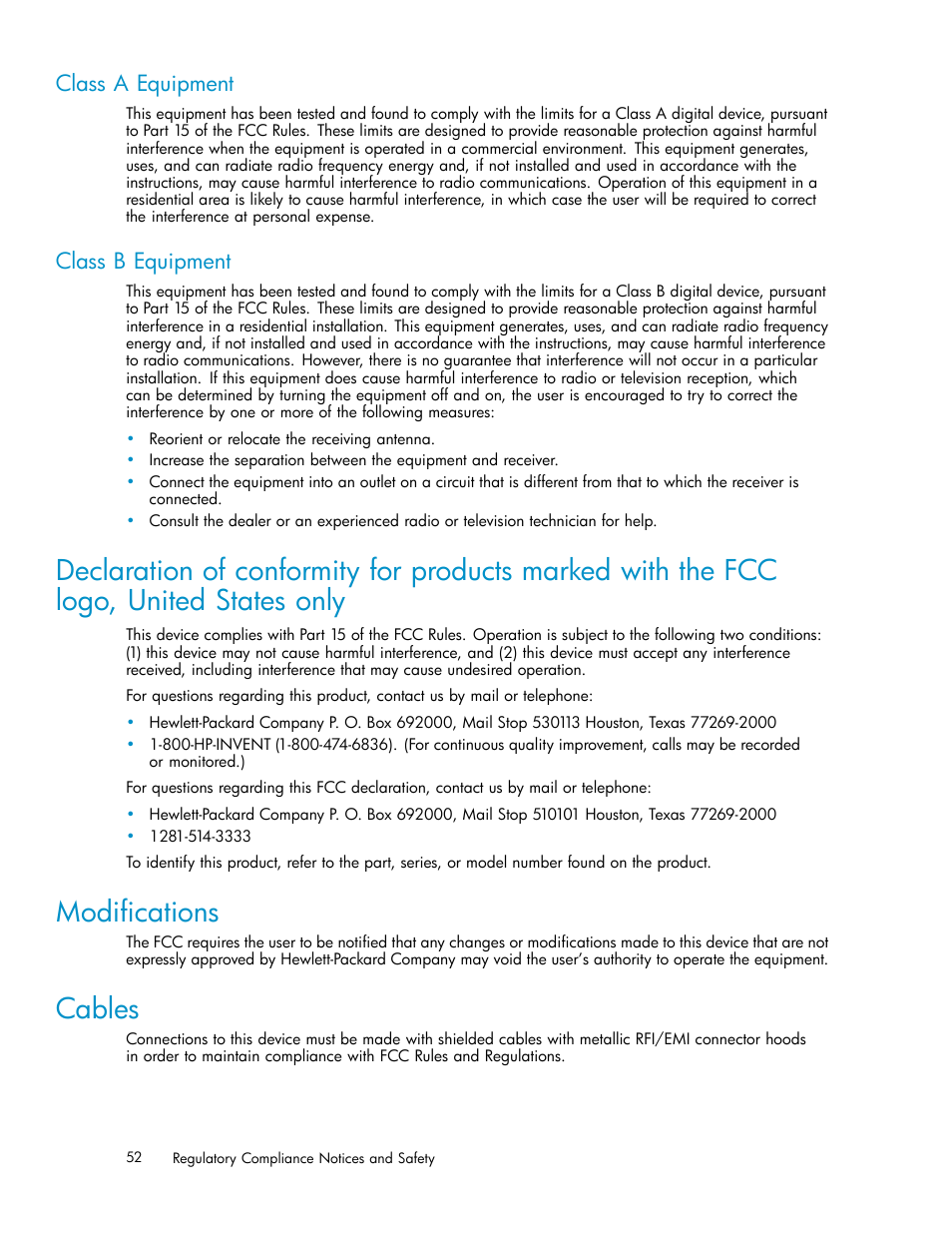 Class a equipment, Class b equipment, Modifications | Cables | HP StorageWorks All-in-One SB600c Storage Blade User Manual | Page 52 / 60