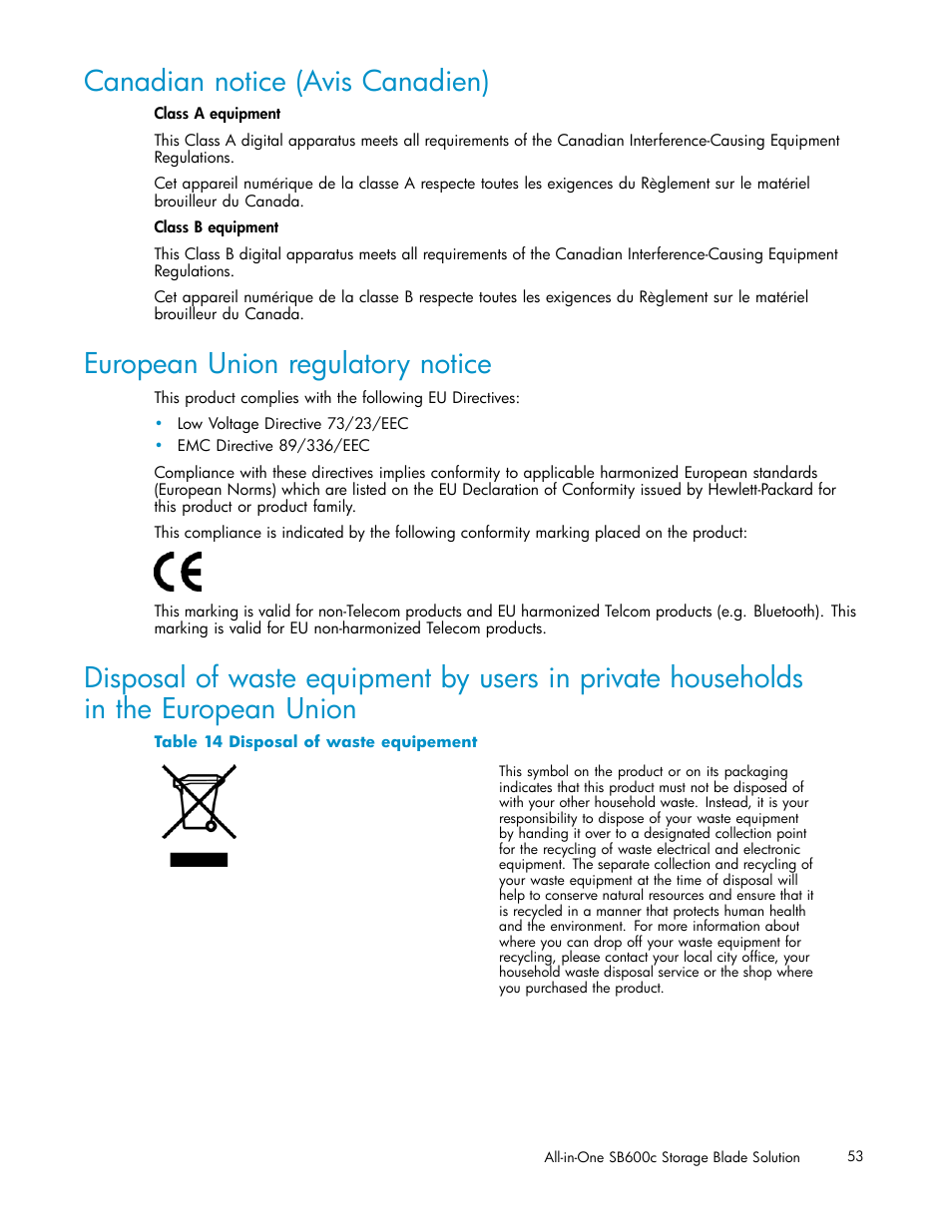 Canadian notice (avis canadien), European union regulatory notice, Disposal of waste equipement | HP StorageWorks All-in-One SB600c Storage Blade User Manual | Page 53 / 60