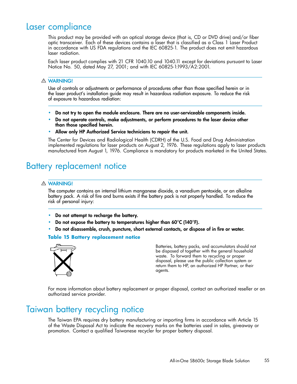 Laser compliance, Battery replacement notice, Taiwan battery recycling notice | HP StorageWorks All-in-One SB600c Storage Blade User Manual | Page 55 / 60
