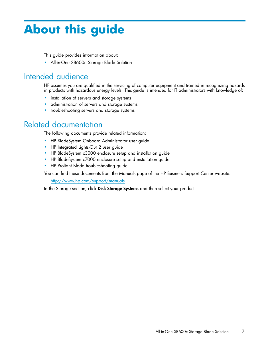 About this guide, Intended audience, Related documentation | HP StorageWorks All-in-One SB600c Storage Blade User Manual | Page 7 / 60