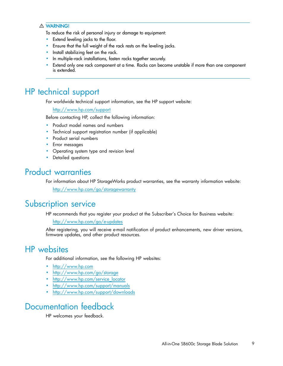 Hp technical support, Product warranties, Subscription service | Hp websites, Documentation feedback | HP StorageWorks All-in-One SB600c Storage Blade User Manual | Page 9 / 60