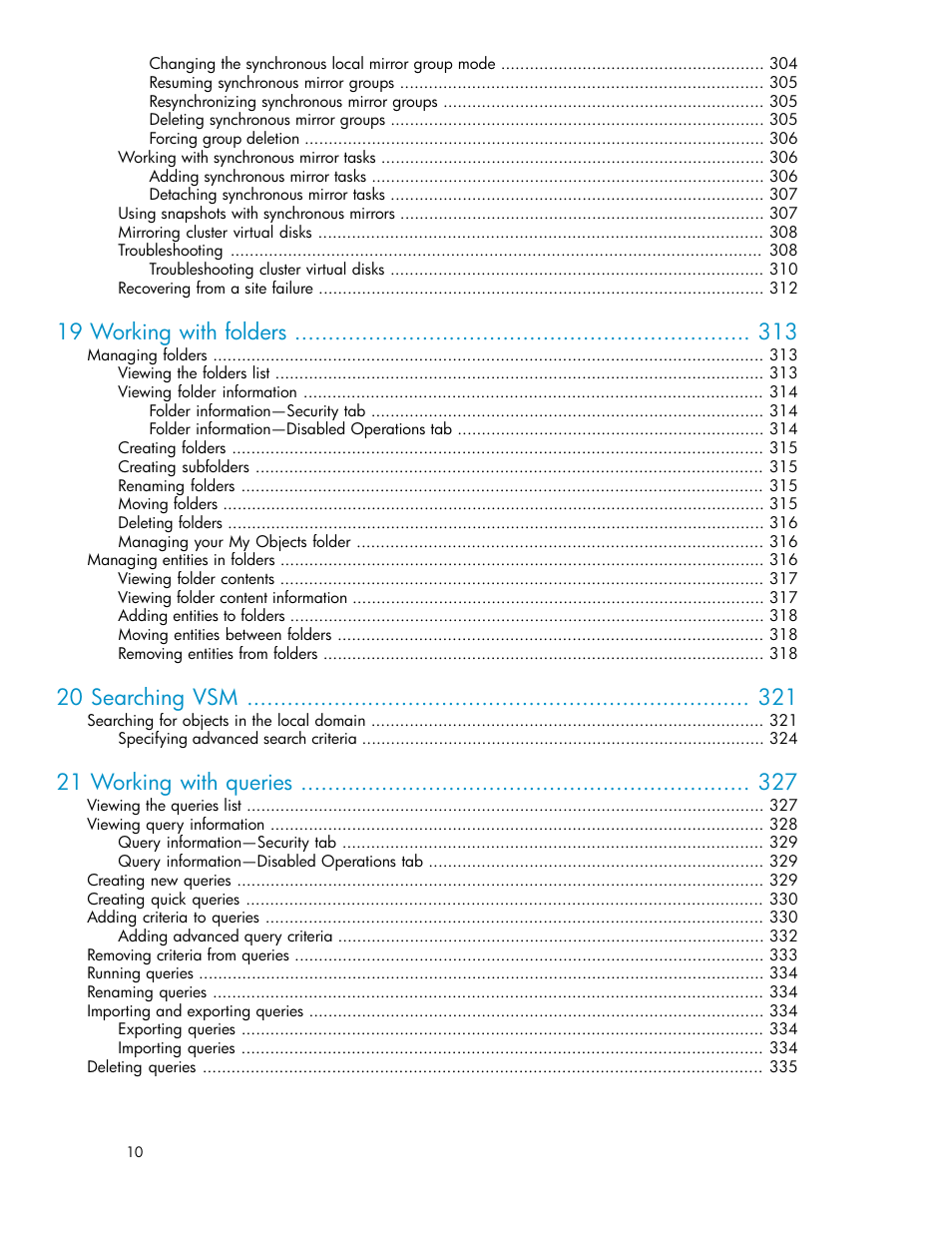 19 working with folders, 20 searching vsm, 21 working with queries | HP SAN Virtualization Services Platform User Manual | Page 10 / 398