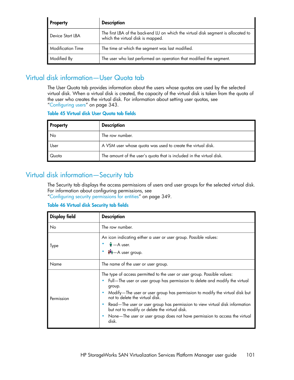 Virtual disk information—user quota tab, Virtual disk information—security tab, 101 virtual disk information—security tab | Virtual disk user quota tab fields, Virtual disk security tab fields | HP SAN Virtualization Services Platform User Manual | Page 101 / 398