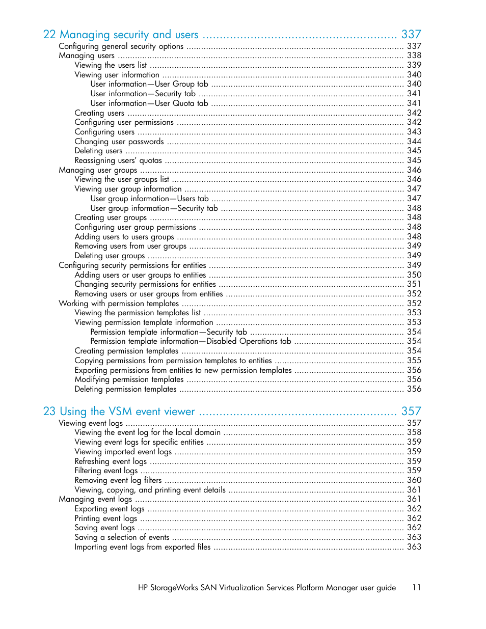 22 managing security and users, 23 using the vsm event viewer | HP SAN Virtualization Services Platform User Manual | Page 11 / 398