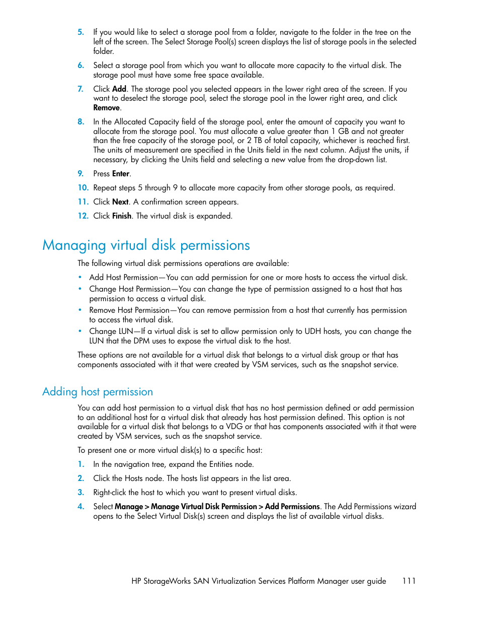 Managing virtual disk permissions, Adding host permission | HP SAN Virtualization Services Platform User Manual | Page 111 / 398