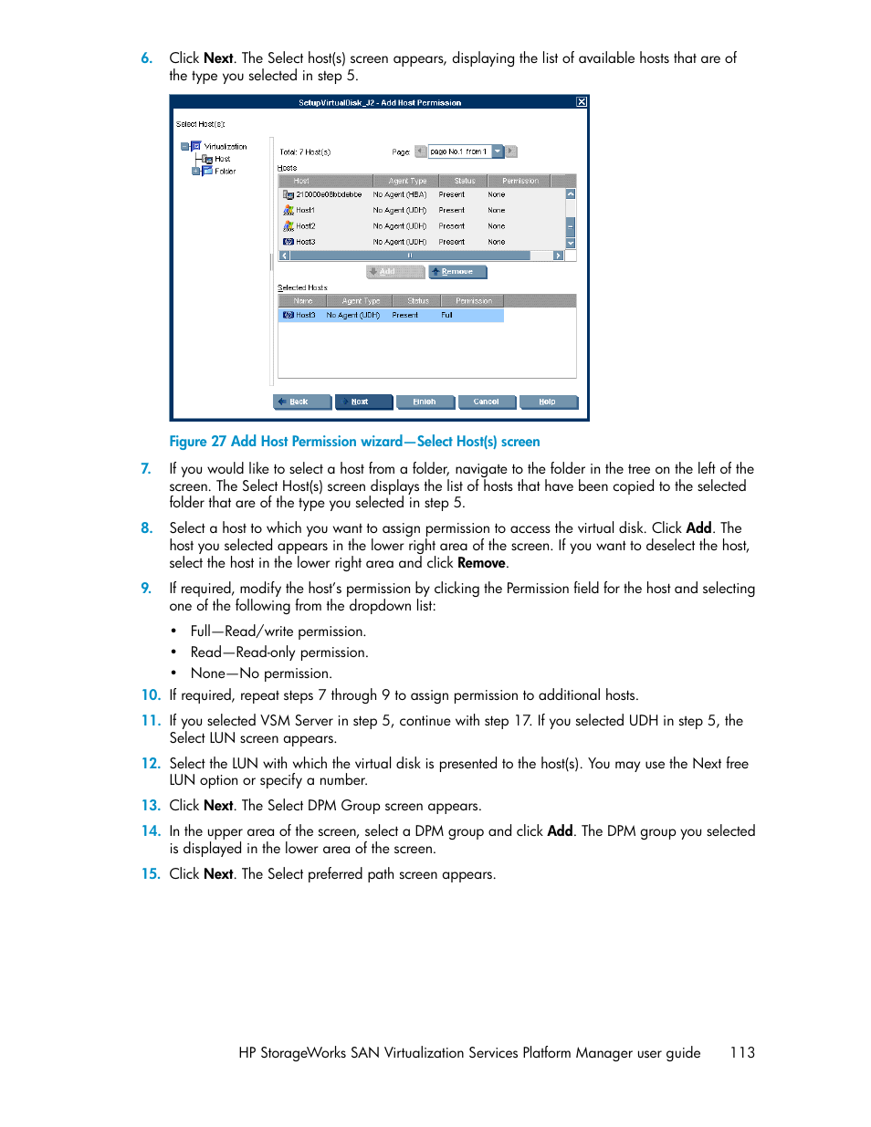 Add host permission wizard—select host(s) screen | HP SAN Virtualization Services Platform User Manual | Page 113 / 398