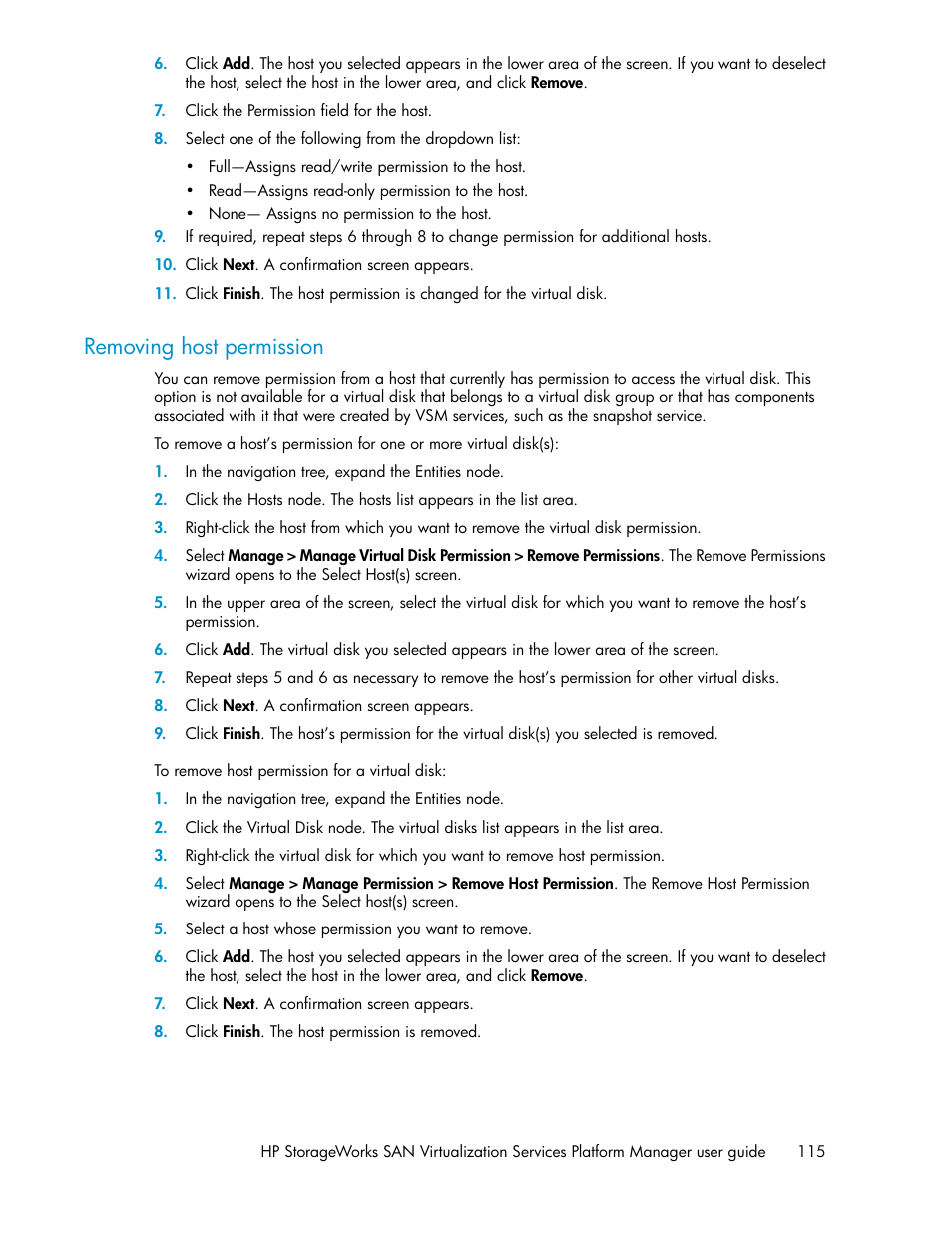 Removing host permission | HP SAN Virtualization Services Platform User Manual | Page 115 / 398