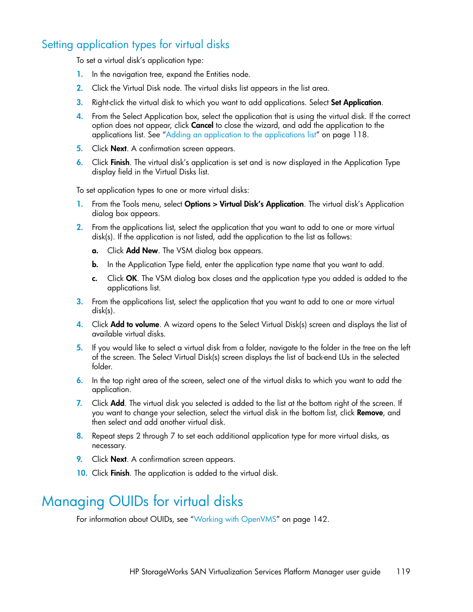 Setting application types for virtual disks, Managing ouids for virtual disks | HP SAN Virtualization Services Platform User Manual | Page 119 / 398
