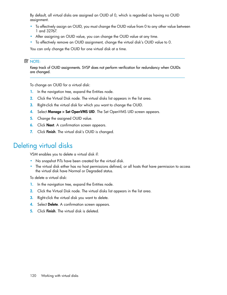 Deleting virtual disks | HP SAN Virtualization Services Platform User Manual | Page 120 / 398