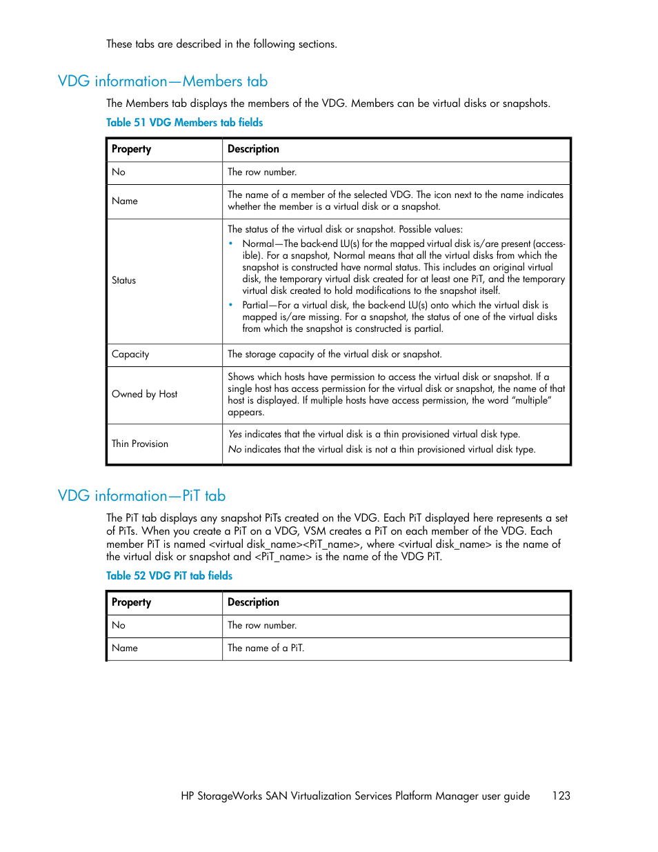 Vdg information—members tab, Vdg information—pit tab, 123 vdg information—pit tab | Vdg members tab fields, Vdg pit tab fields | HP SAN Virtualization Services Platform User Manual | Page 123 / 398