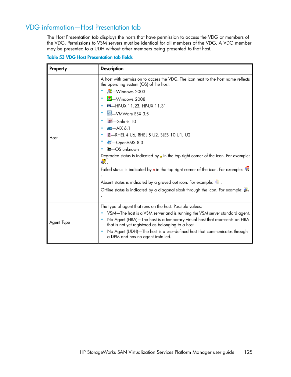 Vdg information—host presentation tab, Vdg host presentation tab fields | HP SAN Virtualization Services Platform User Manual | Page 125 / 398