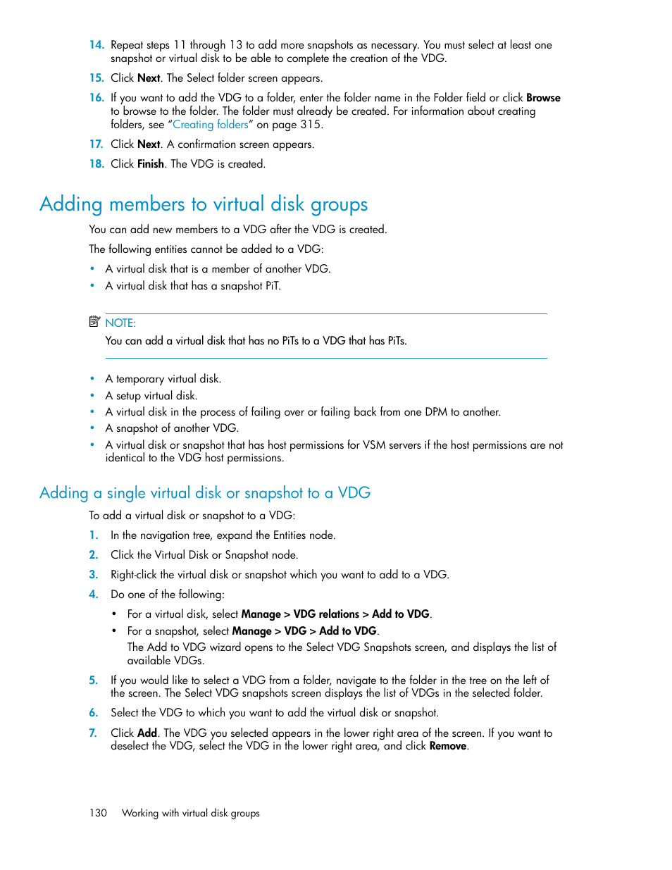 Adding members to virtual disk groups, Adding a single virtual disk or snapshot to a vdg | HP SAN Virtualization Services Platform User Manual | Page 130 / 398