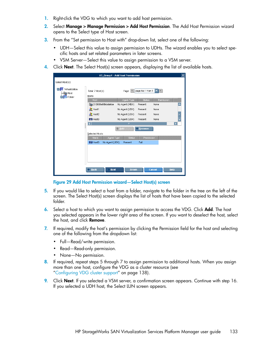 Add host permission wizard—select host(s) screen | HP SAN Virtualization Services Platform User Manual | Page 133 / 398