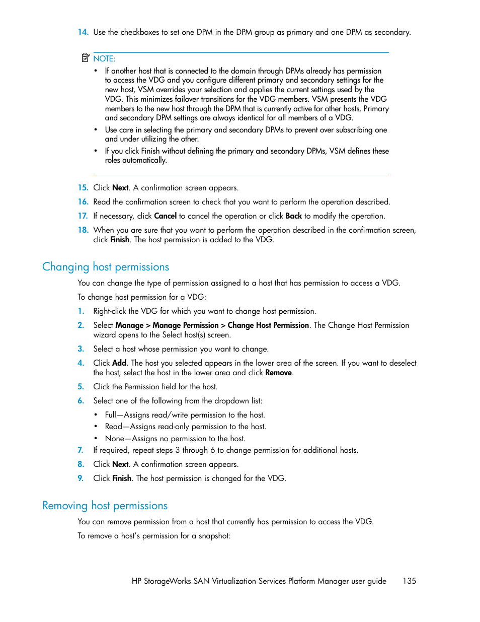 Changing host permissions, Removing host permissions, 135 removing host permissions | HP SAN Virtualization Services Platform User Manual | Page 135 / 398