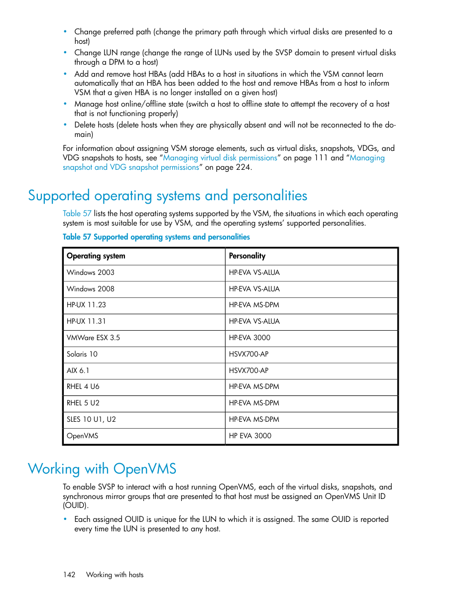 Supported operating systems and personalities, Working with openvms, 142 working with openvms | HP SAN Virtualization Services Platform User Manual | Page 142 / 398