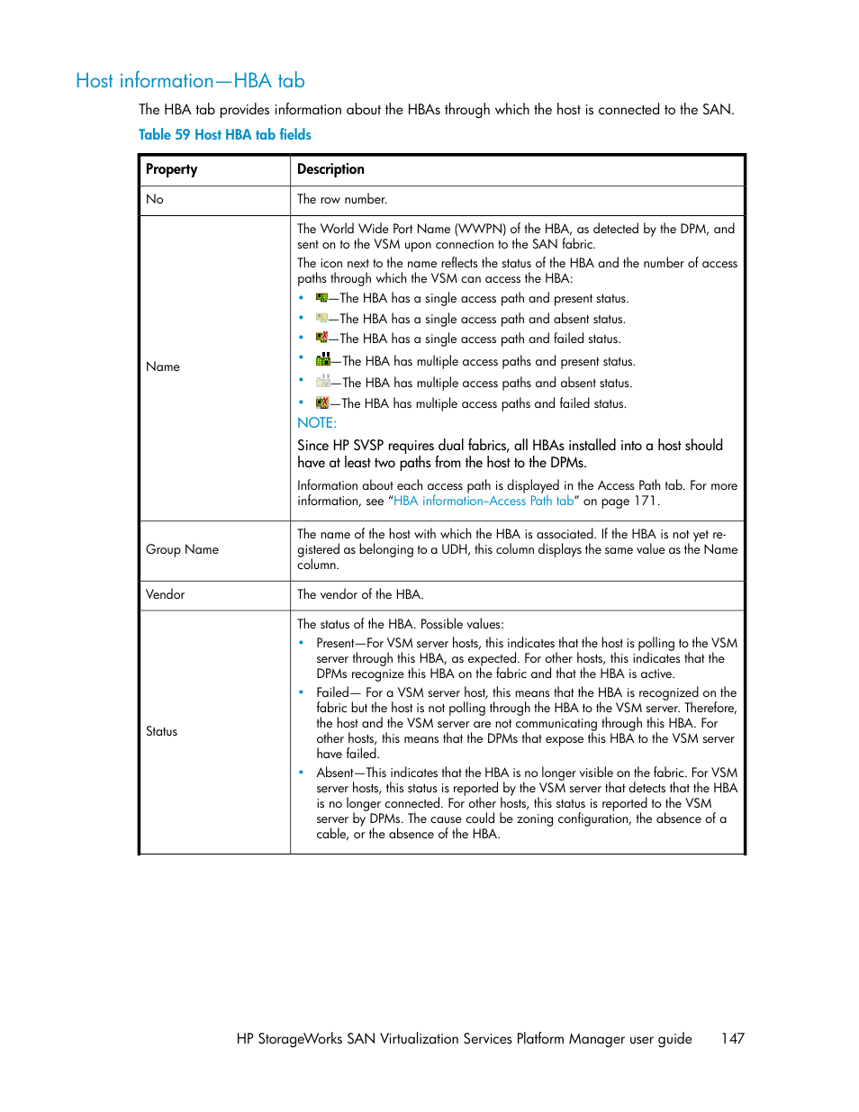 Host information—hba tab, Host hba tab fields | HP SAN Virtualization Services Platform User Manual | Page 147 / 398