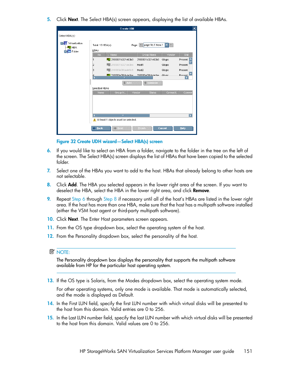 Create udh wizard—select hba(s) screen | HP SAN Virtualization Services Platform User Manual | Page 151 / 398