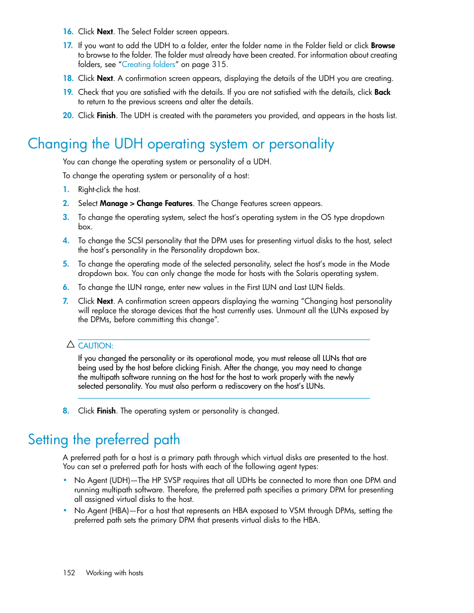 Changing the udh operating system or personality, Setting the preferred path, 152 setting the preferred path | HP SAN Virtualization Services Platform User Manual | Page 152 / 398