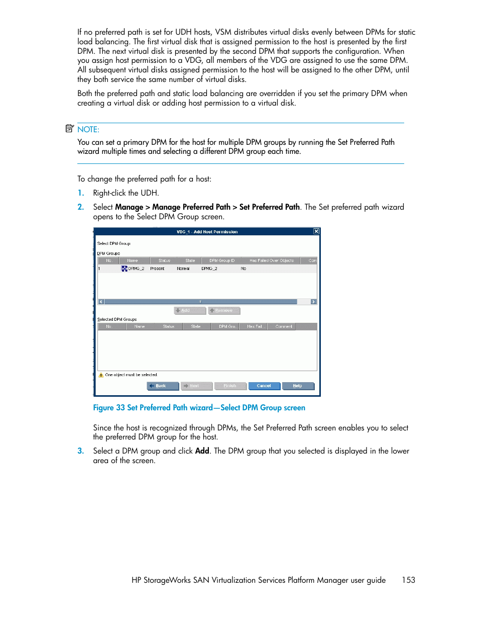 Set preferred path wizard—select dpm group screen | HP SAN Virtualization Services Platform User Manual | Page 153 / 398