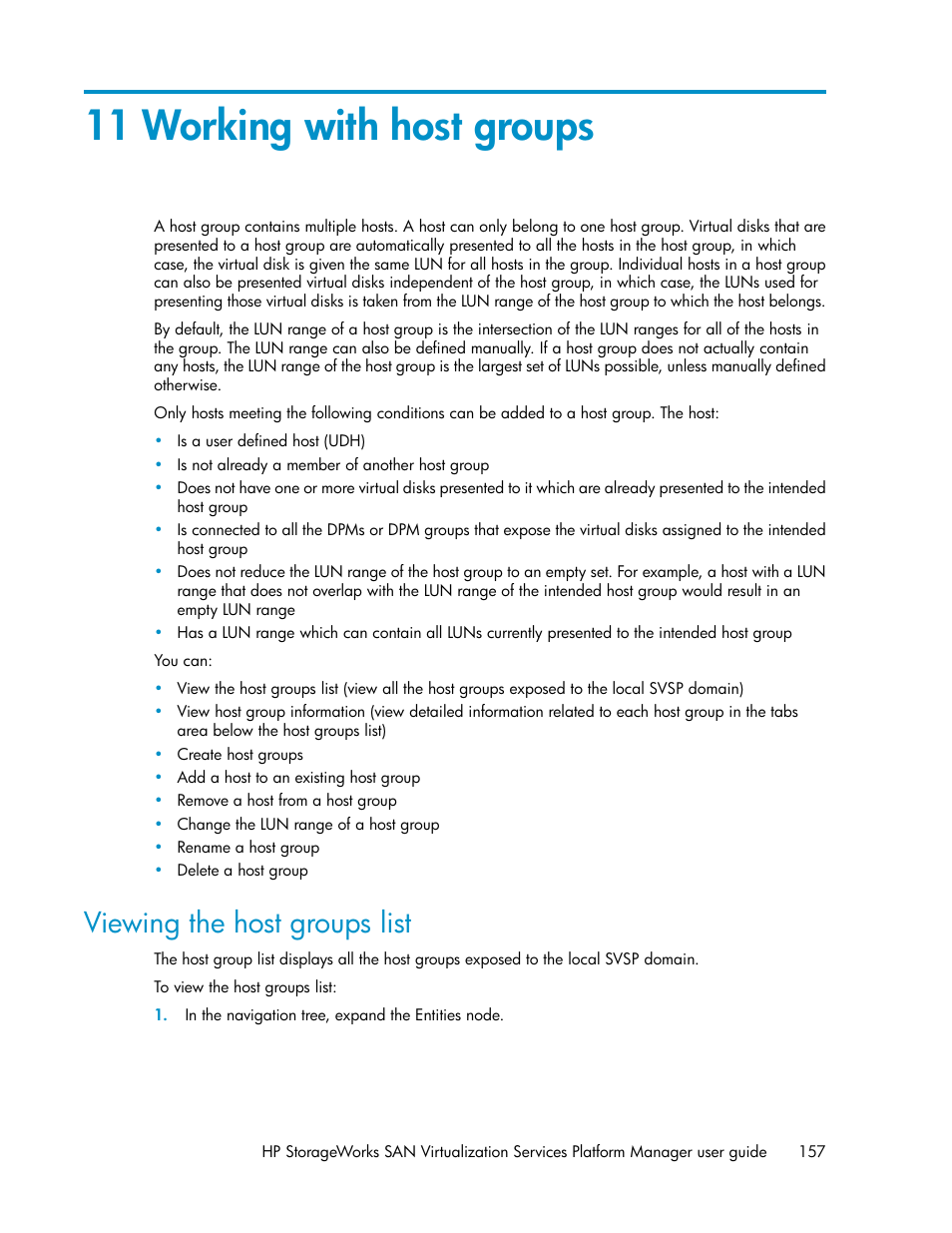 11 working with host groups, Viewing the host groups list | HP SAN Virtualization Services Platform User Manual | Page 157 / 398