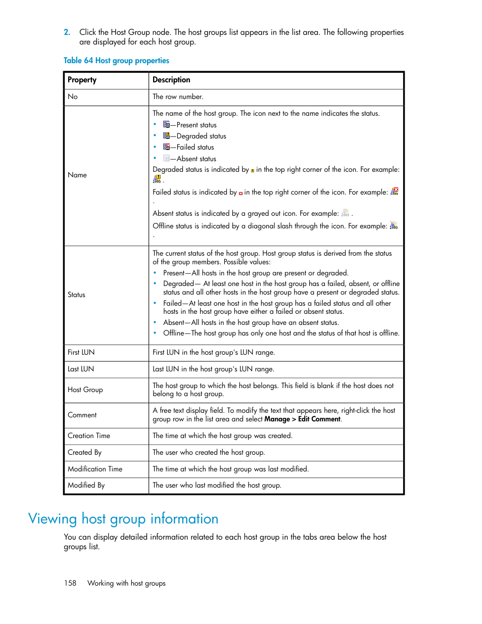 Viewing host group information, Host group properties | HP SAN Virtualization Services Platform User Manual | Page 158 / 398